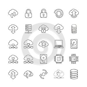 Vector art of cloud computing and networking icons, representing data storage, security, and processing, , in a minimalist style