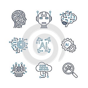 Vector art of collection of artificial intelligence icons representing machine learning, neural networks, and data processing