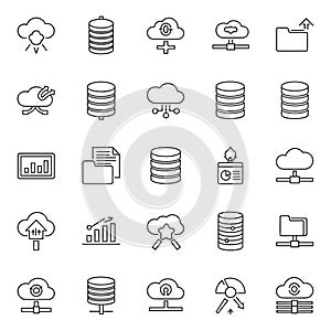 Vector art of collection of cloud computing and database icons, representing data storage, networking, and information management