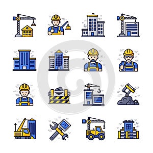 Vector art of collection of construction and building icons, representing engineering, architecture, and urban development