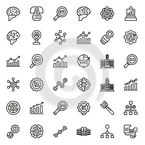 Vector art of collection of data science and analysis icons representing various aspects of data processing and visualization