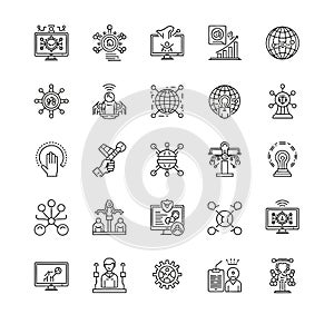 Vector art of collection of network and technology icons, representing global connectivity, cybersecurity, and digital