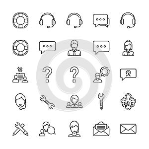Vector art of a collection of outline icons representing customer service, support, and communication