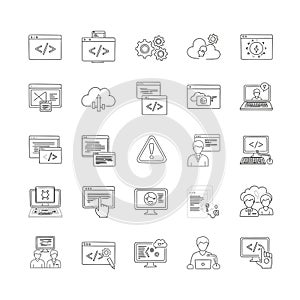 Vector art of collection of programming and web development icons, representing coding, software, and technology concepts