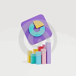 Vector art of 3d render of a pie chart on a square and a bar graph, representing data analysis and statistical visualization