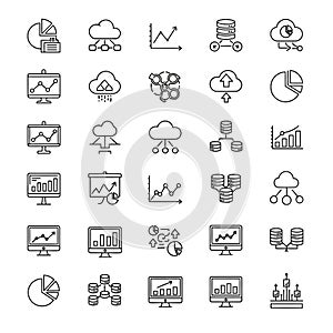 Vector art of data analysis and visualization icons, representing various charts, graphs, and cloud computing concepts for