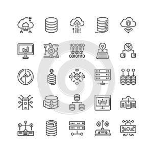 Vector art of data management system icons representing databases, servers, cloud computing, and network infrastructure elements
