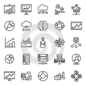 Vector art of data science and artificial intelligence icons representing data analysis, machine learning, and cloud computing