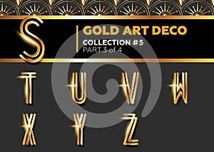 Vector Art Deco 3D Font. Shining Gold Retro Alphabet.