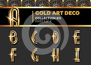 Vector Art Deco 3D Font. Shining Gold Retro Alphabet. Gatsby Sty photo