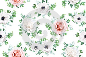 Vector art floral seamless pattern. Bouquets of peach roses, white anemone flowers, eucalyptus green leaves. Botanical watercolor