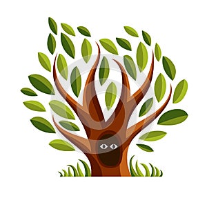Vector art illustration of branchy tree with den. Two eyes of an