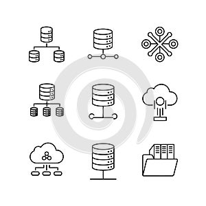 Vector art of line art illustration showcasing database and network icons, perfect for technology, cloud computing, and data