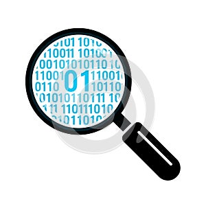 Vector art of a magnifying glass over binary code, representing data analysis, cybersecurity, and information technology concepts