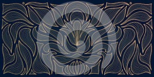 Vector art nouevau, artdeco fancy background, leaves floral ornament, gold on black vintage pattern. Flower drawing