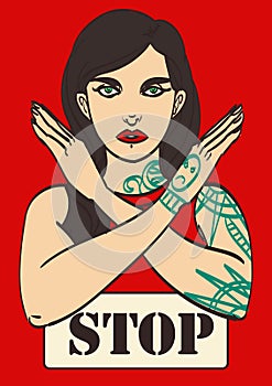 Vector art poster subculture punk girl shows stop arms. Eps 10 photo