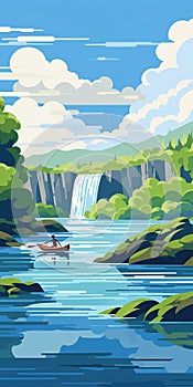 Vector Art Of Serene Waterfall River And Kayak Angler