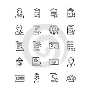 Vector art of set of business and document icons, representing various aspects of management, paperwork, and professional tasks