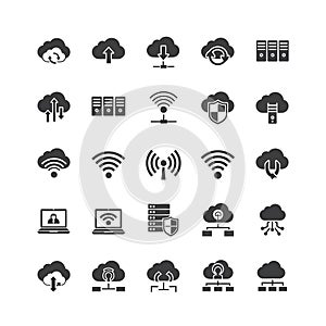 Vector art of set of cloud computing icons representing data storage, networking, and security