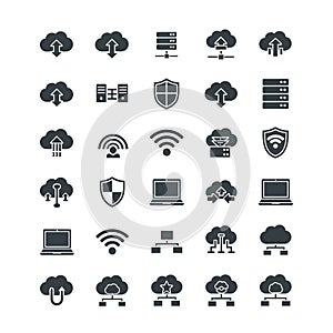 Vector art of set of cloud computing and networking icons, representing various aspects of data storage and network connectivity