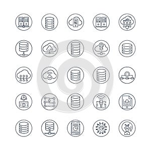 Vector art of set of data and server icons, representing database management, cloud computing, and network infrastructure in a