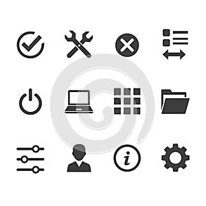 Vector art of settings and configuration icons, representing system preferences, tools, and user interface elements for