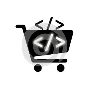 Vector art of shopping cart with code symbol for web development store