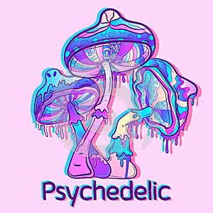 Vector art of three psychedelic mushrooms with gradients and UV neon light effects. New age concept of magic and surreal fungus.
