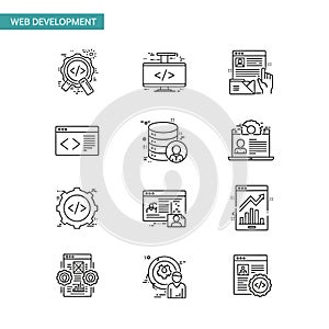 Vector art of web development icons set, representing coding, database management, user interface design, and website analytics