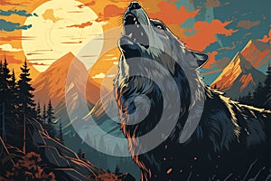 Vector art, wolf howling under full moon, a mesmerizing and evocative scene