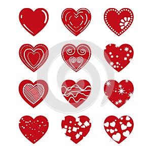 Vector art work of 12 red Hearts with white different patterns