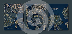 Vector artdeco luxury flower line pattern, golden backgrounds. Hand drawn peonies for packaging, social media post photo
