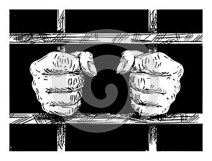 Vector Artistic Drawing of Hands of Prisoner in Prison Cell Holding Iron Bars.