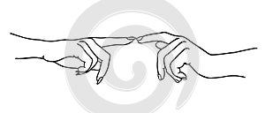 Vector artistic drawing of hands touching each other with fingers on a white background. Two hands try to touch each