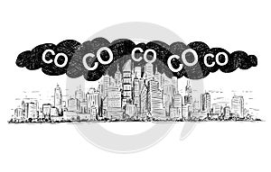 Vector Artistic Drawing Illustration of City Covered by Smog and CO2 Air Pollution