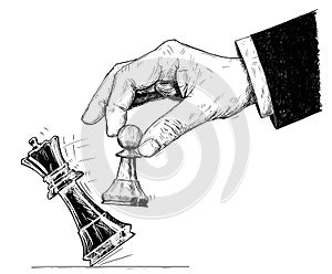 Vector Artistic Drawing Illustration of Hand Holding Chess Pawn and Knocking Down King. Checkmate.