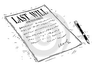 Vector Artistic Drawing Illustration of Pen and Last Will and Testament Document to Sign