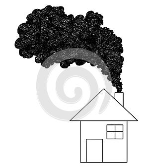 Vector Artistic Drawing Illustration of Smoke Coming from House Chimney, Air Pollution Concept