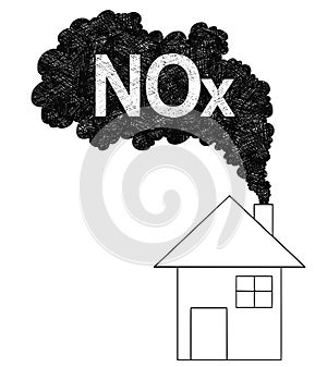 Vector Artistic Drawing Illustration of Smoke Coming from House Chimney, Nitrogen Oxides or NOx Air Pollution Concept