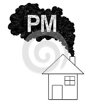 Vector Artistic Drawing Illustration of Smoke Coming from House Chimney, Particulate Matter or PM Air Pollution Concept