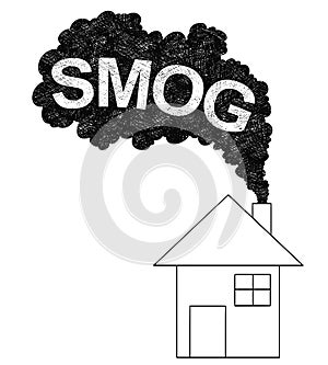 Vector Artistic Drawing Illustration of Smoke Coming from House Chimney, Smog Air Pollution Concept