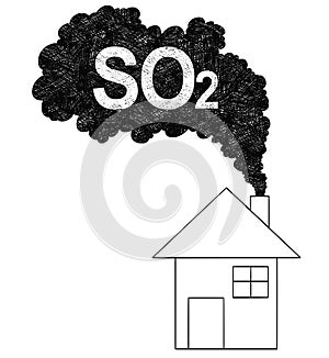 Vector Artistic Drawing Illustration of Smoke Coming from House Chimney, Sulfur Dioxide or SO2 Air Pollution Concept