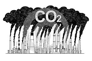 Vector Artistic Drawing Illustration of Smoking Smokestacks, Concept of Industry or Factory CO2 Air Pollution