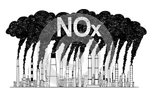 Vector Artistic Drawing Illustration of Smoking Smokestacks, Concept of Industry or Factory NOx Air Pollution