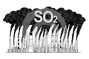 Vector Artistic Drawing Illustration of Smoking Smokestacks, Concept of Industry or Factory SO2 Air Pollution