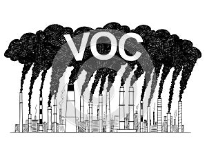 Vector Artistic Drawing Illustration of Smoking Smokestacks, Concept of Volatile Organic Compounds Produced by Industry