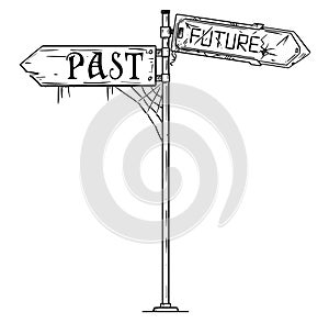 Vector Artistic Drawing Illustration of Traffic Arrow Sign With Past and Future Text