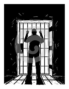 Vector Artistic Drawing of Prisoner in Prison Cell Holding Bars. Light From Outside is Casting Shadow