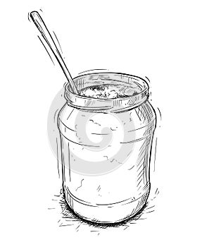 Vector Artistic Illustration or Drawing of Jam, Marmalade or Honey Jar and Spoon