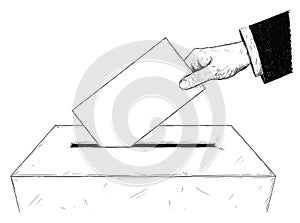 Vector Artistic Illustration or Drawing of Voter`s Hand Putting Envelope in Ballot Box